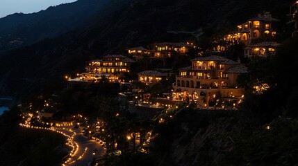 Fototapeta premium Luxurious hillside homes illuminated at night