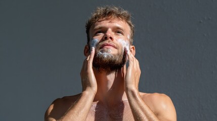 A man is washing his face with a white powder