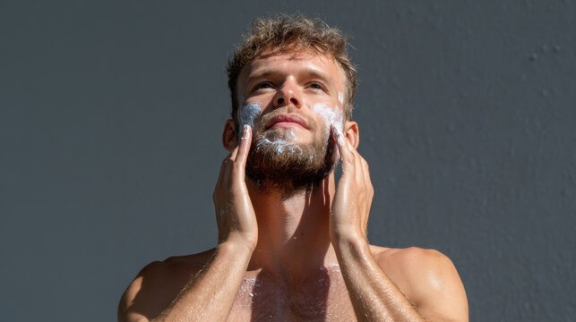 A man is washing his face with a white powder