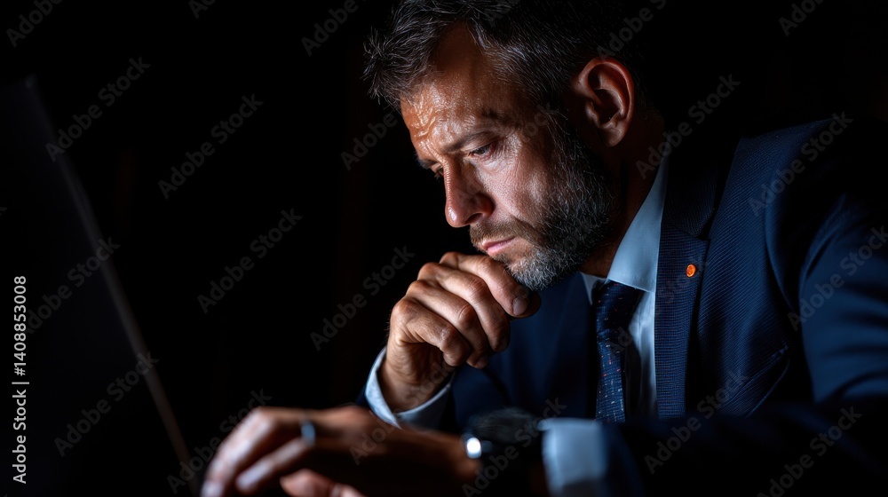 Aufkleber a man in a suit is looking at a laptop computer