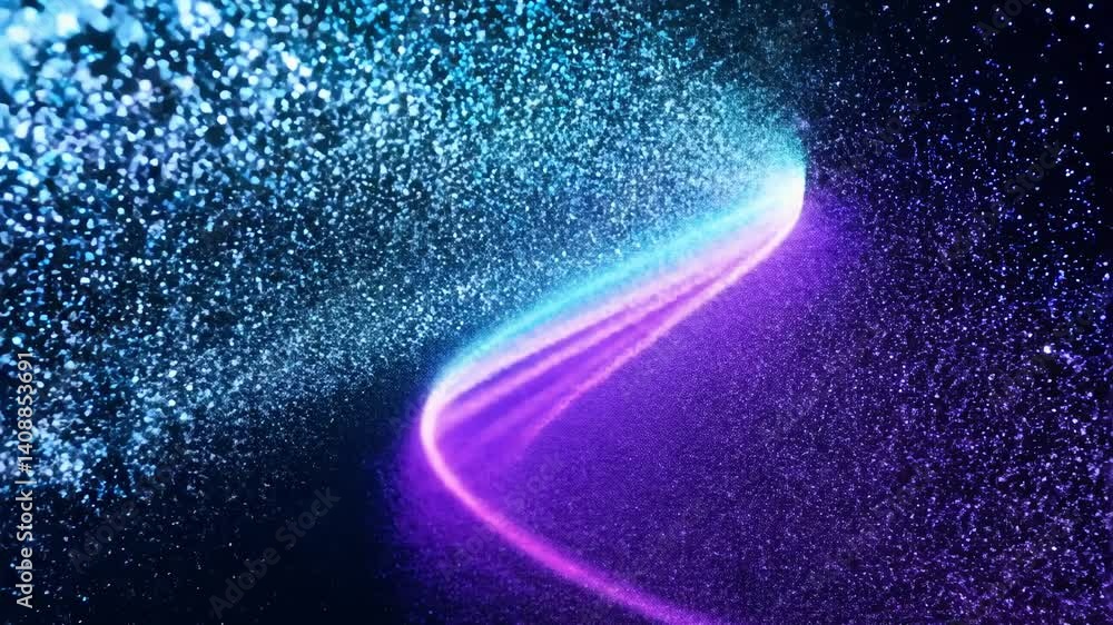 Poster slow zoom in video of streams of vibrant azure and violet particles colliding, forming intricate geo
