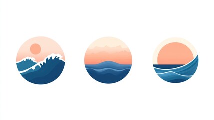Ocean sunset minimalist art; three circular designs for social media or website