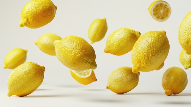 a bunch of lemons falling through the air on a white background 