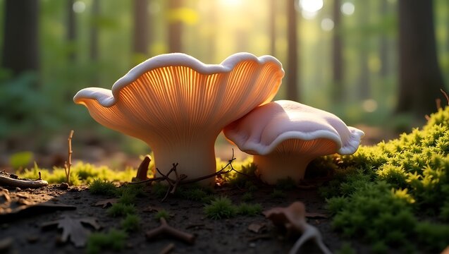Sunlit Panus fasciatus Fan Shaped Mushroom in the Forest