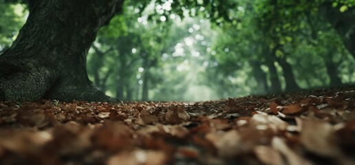 Obraz premium Autumnal Forest Path: A Tranquil Scene of Fallen Leaves and Ancient Trees