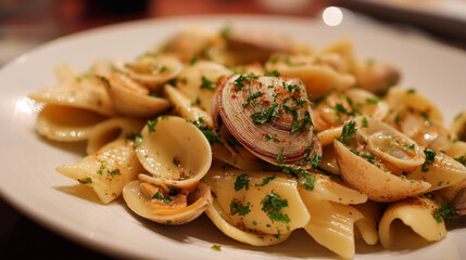 Creamy clam pasta with white wine sauce and parsley flakes