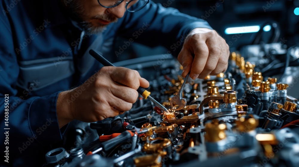 Poster A man is working on a car engine, using a pair of pliers to fix a part