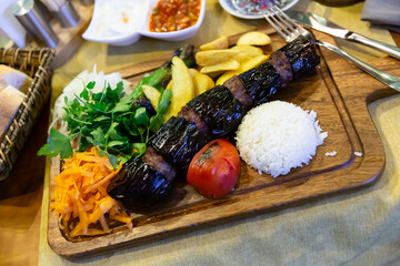 Turkish Kebab eggplant and meatballs. Freshly grilled eggplant Kebabs. Middle eastern cuisine