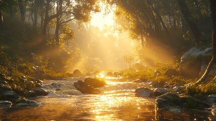 Forest stream sunrise sunshine