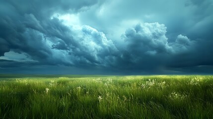 Obraz premium Green wheat field and stormy sky. Nature background. Panorama