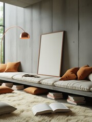 Empty frame mockup in modern concrete reading nook with copper lamp, framed art mockup space, poster frame mockup design, mockup frame