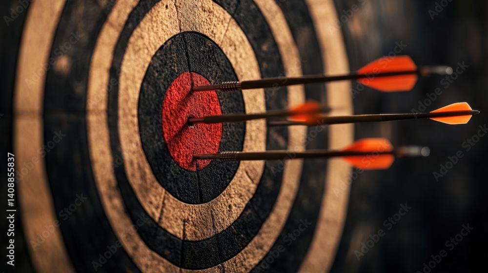 Poster a close-up of a target board with multiple arrows piercing the bullseye, representing the achievemen