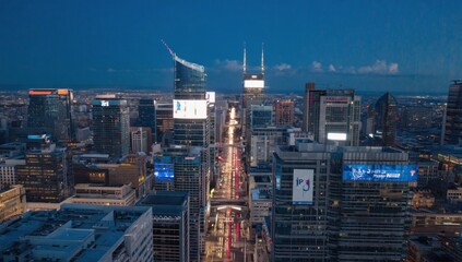 Evening skyline of a modern city with illuminated skyscrapers, digital billboards, and busy streets timelapse viewed from above showcasing smart city design, business district life, urban atmosphere.