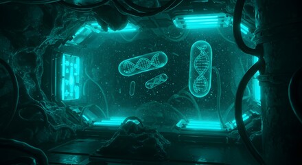 Futuristic laboratory setting with glowing DNA models, suggesting advanced scientific research.