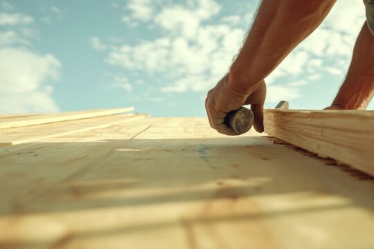 A construction worker securing plywood for a roof installation. Featuring roofing installation and precise craftsmanship