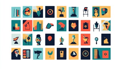 Colorful abstract icons; various subjects; flat design;  website design; infographic elements