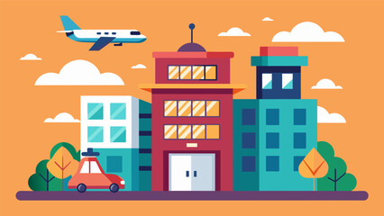 Obraz premium The top of a residential building transforms into a miniairport as a variety of air taxis make their final approach ready to drop off residents after a day of work or play.. Vector illustration