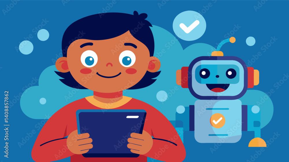 Poster a child using their tablet to code a robot their face a picture of excitement and wonder as they exp