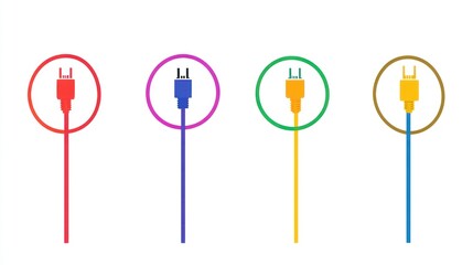 Colorful power plugs, charging cables, white background, electricity concept, website icon