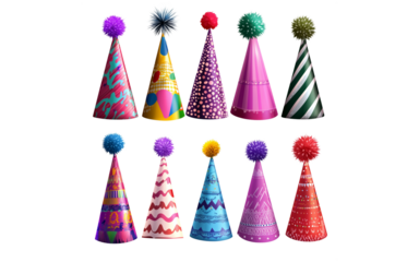 isolated PNG vibrant collection of colorful party hats with various patterns pom-poms, on white transparent background