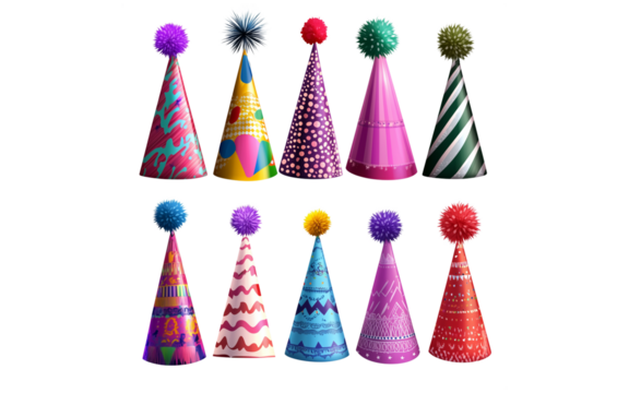 isolated PNG vibrant collection of colorful party hats with various patterns pom-poms, on white transparent background