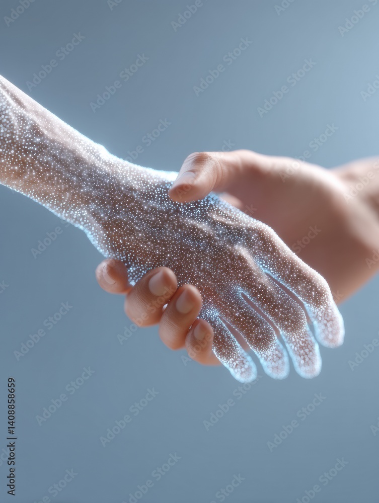 Poster futuristic human-ai collaboration innovative digital handshake symbolizing technological synergy, ne