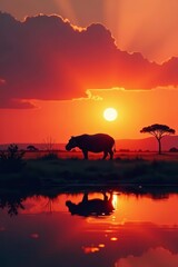Fototapeta premium African sunset scenery with hippopotamus silhouette in double exposure photography, conservation, silhouette