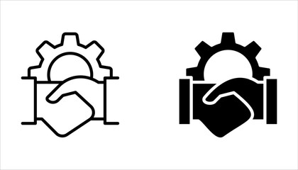 Handshake and gear outline icon set, Cooperation, partnership line icon. linear style sign on white background