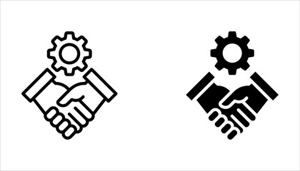 Handshake and gear outline icon set, Cooperation, partnership line icon. linear style sign on white background