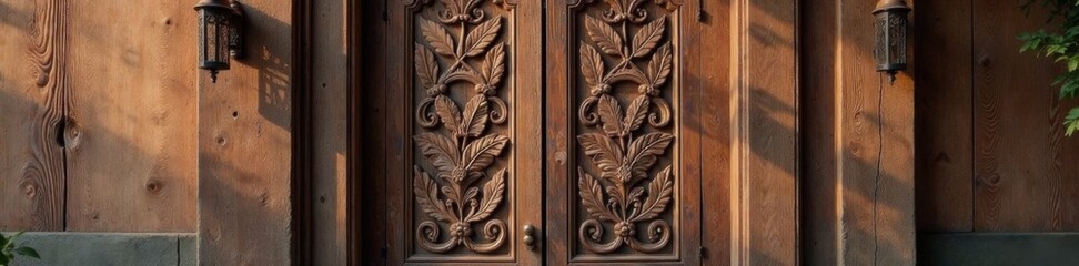 Wooden door with intricate carvings of leaves on a rustic wooden wall, nature, home decor, wood