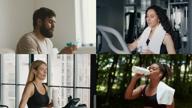 Four people engage in workout activities at different locations, each taking a moment to hydrate with water bottles. They exemplify a dedicated and healthy lifestyle focused on fitness.