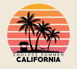 Obraz premium Beach Paradise Print t shirt graphics design, typography slogan on palm trees background. Summer beach vibes. Endless Summer. Sunshine with wave. Long beach summer time print design artwork. 