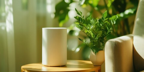 Minimalist Wellness Sanctuary Biophilic Living Space with Ceramic Diffuser and Verdant Botanical - Serene Urban Self-Care Aesthetic for Mindful Interiors
