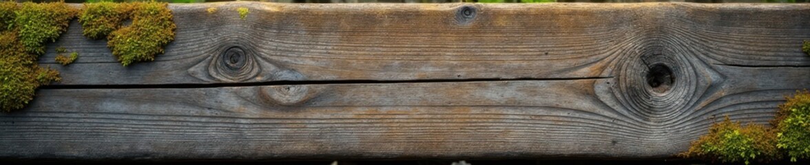 Fototapeta premium Weathered wooden plank with moss and lichen growth on surface, growth, forest