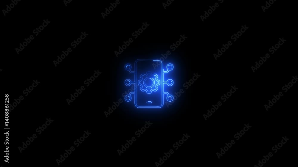 Poster glowing neon line mobile setting icon with isolated background.mobile with gear, mobile setting line