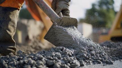 Naklejka premium A construction worker mixing concrete for a foundation. Featuring manual labor and teamwork