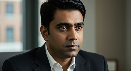 Pensive businessman with office window.