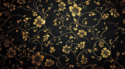 A luxurious black backdrop adorned with a repeating pattern of gold floral vines and blossoms.