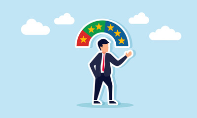 businessman showing several star categories, from one to three stars, illustration of business quality satisfaction levels