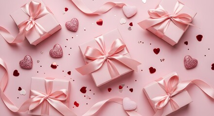 Pastel pink gifts with ribbons and heart-shaped confetti for a romantic occasion or celebration.