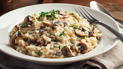 Creamy mushroom risotto on white plate with herbs sprinkled