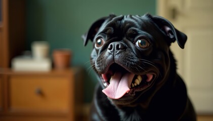 Amazed black pug with mouth open in disbelief, shocked, pet