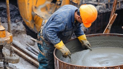 A construction worker mixing concrete for foundation work. Featuring preparation and teamwork
