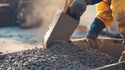 A construction worker mixing concrete in a large container. Featuring strength and coordination