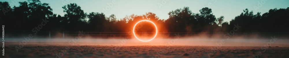 Poster immersive digital landscape neon circular portal merging nature and technology - ethereal metaverse 