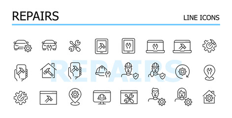 Wrench, hammer and screwdriver. Settings and repairs. Vector icons set