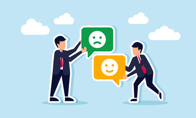 Obraz premium businessman hold a chat dialog labeled with a happy emoticon and another hold a chat dialog with a sad emoticon, illustration of different responses to business performance satisfaction