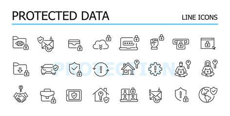 Protected data. Encryption, secure password access. Vector icons set