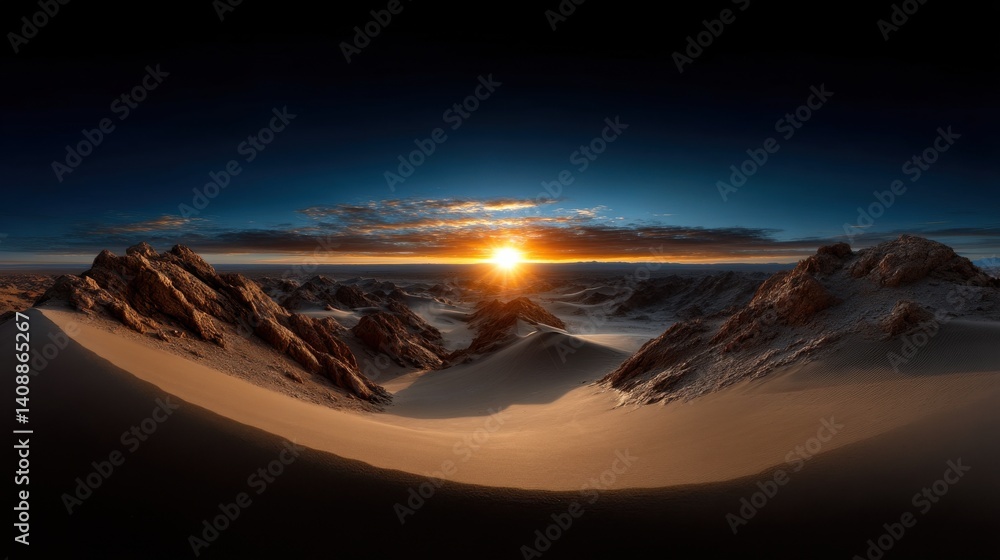 Poster A panoramic view of a mountain range with a sun setting in the background
