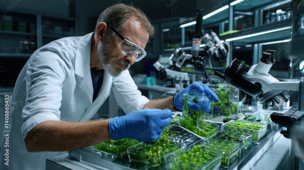 Poster a man in a lab coat is working with plants in a lab